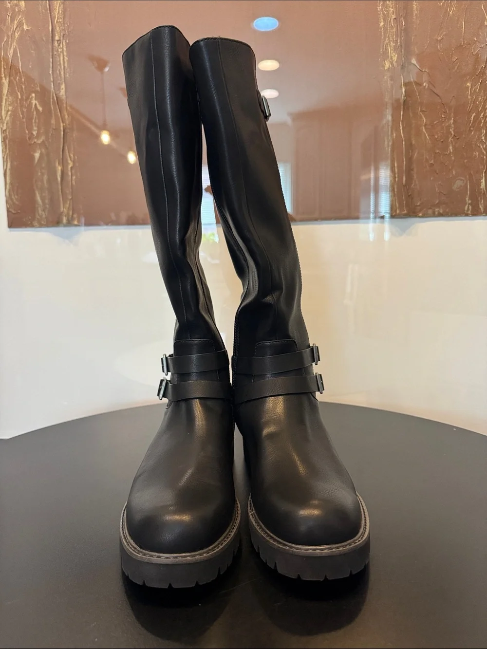 Classic Black Knee-High Buckle Korks Boots